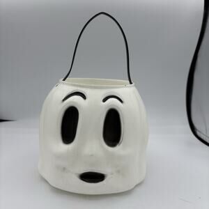 Empire Blow Mold Halloween Candy Bucket Pail Face Ghost Plastic‎ USA White 6"